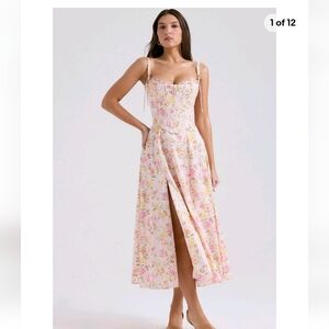 House of CB Pink Floral Strapless Bustier Midi Dress